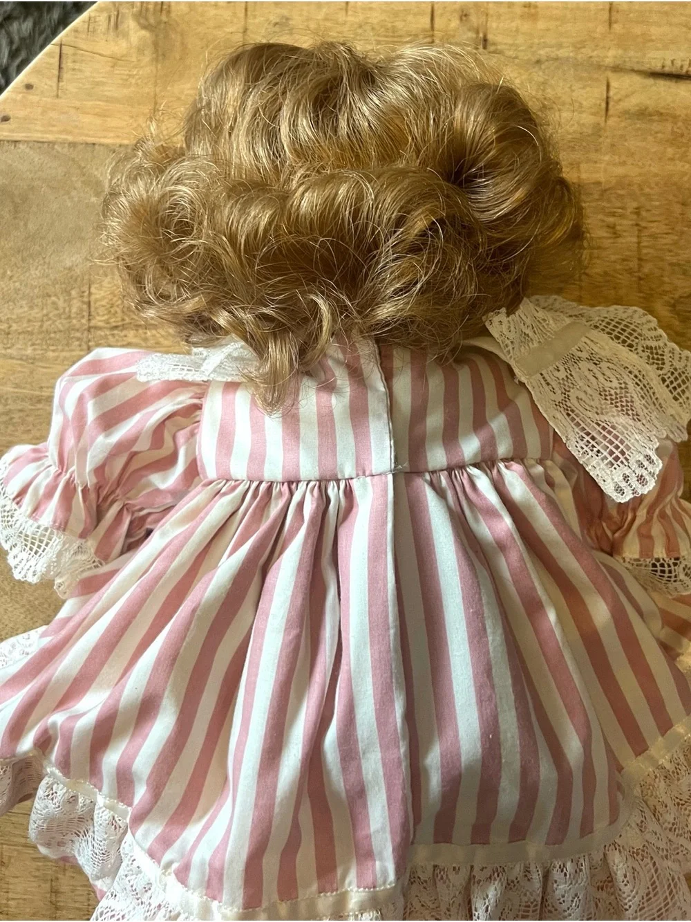 Dolls by Jerri 1990 Baby Doll in Pink & White Striped Lace Dress 20”